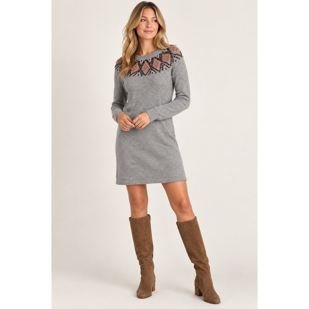 Boden Gray Beaded Embroidered Sweater Dress WK773 Cotton Cashmere Blend US 2